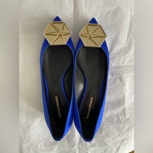 Nicholas Kirkwood BLUE Satin Fabric Geometric Shaped gold Charm Flats 37/ 7 US